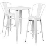 Flash Furniture 23.75'' Square White Metal Indoor-Outdoor Bar Table Set with 2 Stools with Backs