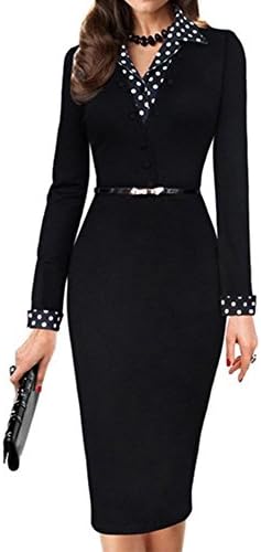 THUNDERSTAR Women's Long Sleeve Spots Pencil Dress Business Style XL