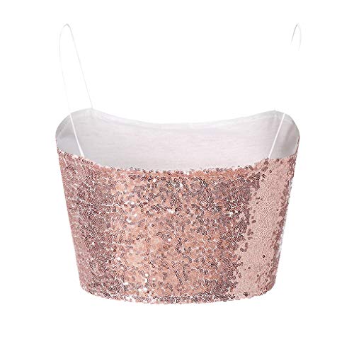 Sinfu Women Sexy Suspenders Tube Top Sequins Short Cropped Bra Tank Vests Top (XL) Pink