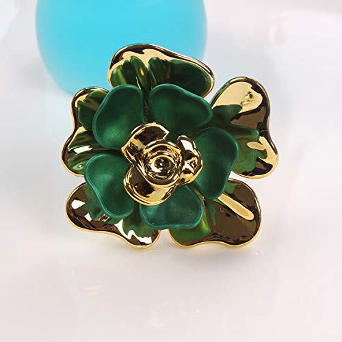 QTKJ Set of 6 Alloy Napkin Rings with Green Flower Napkin Buckle for Christmas, Holidays, Wedding, Parties, Dinners Decor(Gold)