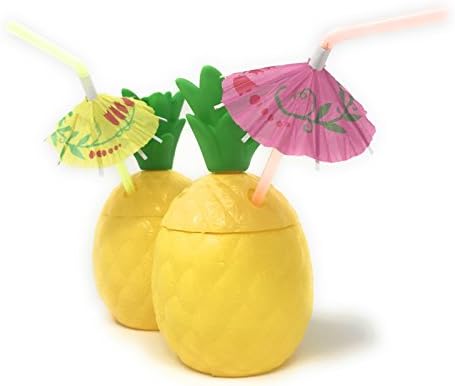 12 Pineapple Luau Party Cups with 12 Cocktail Straws by Toy Spout - Luau Party Supplies, Beach Theme Party Supplies, Party Favors for Kids and Adults - Includes 12 Cups and 12 Assorted Umbrella Straws