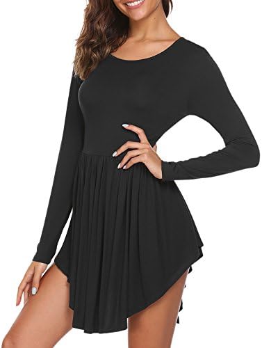 Sheshow Women's Irregular Long Sleeve Casual Loose Swing Flare Dress (Black,M)