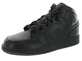 Jordan Air Jordan 1 Mid Youth Round Toe Leather Gray Basketball Shoe (7 M US, Black/Black/Dark Grey)