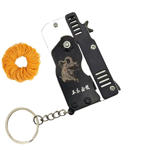 Kids Toys Cool Keychain Mini Metal Folding Rubber Launcher Toy with 60 Elastic Rubber Bands for Outdoor Activities (Black)