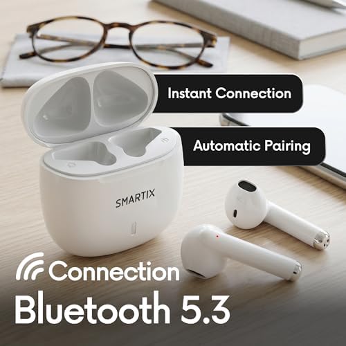 Caixa de auscultadores Smartix TWS SM60-Fi9-B BT V5.3 com função de carregamento inclui bateria branca de 300 mA