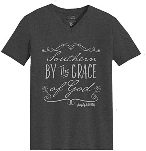 Simply Faithful Women's Southern By The Grace Of God Christian T-shirt-Dark Heather-small