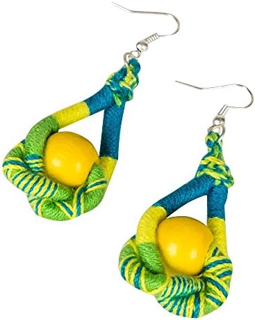 Boho Handmade Colorful Fabric Teardrop Hoop Dangle Earrings Wood Yellow Ball