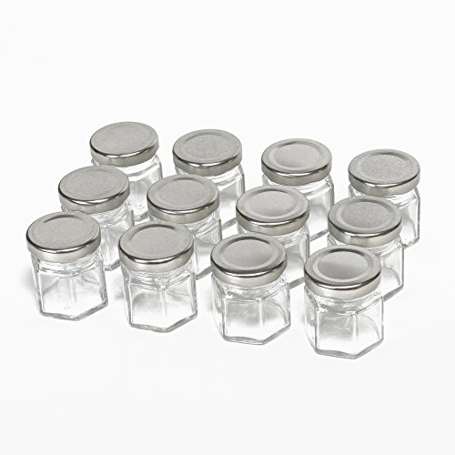 Hexagon Glass Jars by Nellam - 1.5oz, 12 Pack. Includes 24 Chalk Sticker Labels and 2x Chalk Pen. DIY Jars for Canning, Party Favors, Jams, Sauces, Herbs, Spices. (Silver Lid - 12 Pcs)
