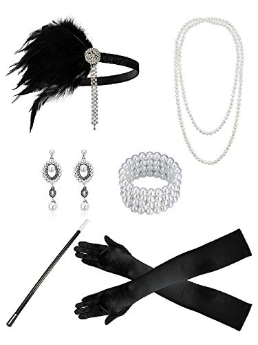 Zivyes 1920s Accessories Headband Necklace Gloves Cigarette Holder Flapper Costume Accessories for Women