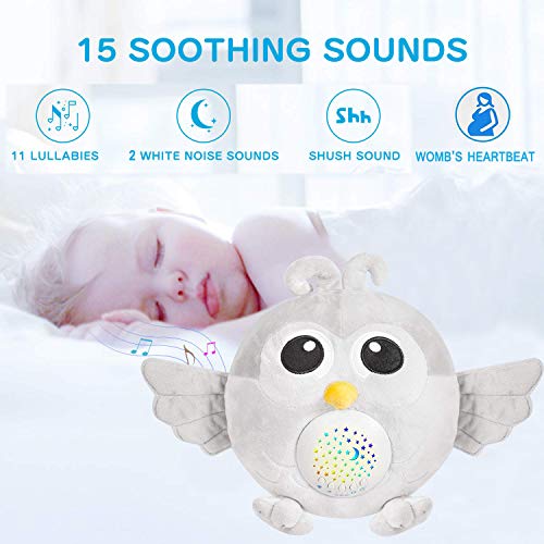 BEREST Baby Sleep Soother Owl, Baby White Noise and Toddler Sleep Aid Night Light, Lullaby Sound Machine - Sleep Sound Toys, Portable Stuffed Projector Owl, Baby Sleep Aid Toy (Gray)