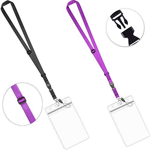 Lanyard Adjustable with ID Badge Holder Black Purple Office Safety Cruise lanyards Neck Quick Release lanard for Women Men Keys Vertical Waterproof Zipper Card Large 4x3 Name Badges Holders 2 Pack