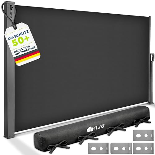 tillvex® Seitenmarkise 160 x 300 cm ausziehbar & Blickdicht mit Regencover