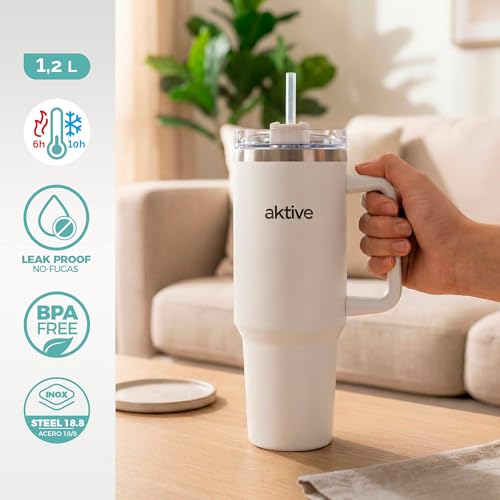 AKTIVE Insulated Stainless Steel Tumbler, 1.2L, White, Measures 15 x 10 x 27 cm, Leakproof Lid, Includes Straw, Ergonomic Handle, BPA Free, Non-Slip Base, Thermos Bottles (63152)