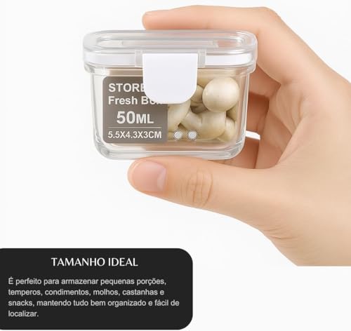Kit 4 Mini Potes Hermético Retangular Plástico Transparente 50ml 7x5x4cm Tampa c/Trava de Segurança, Organizador de Alimentos, Porta Molhos, Reutilizáveis e Atóxico Livre BPA