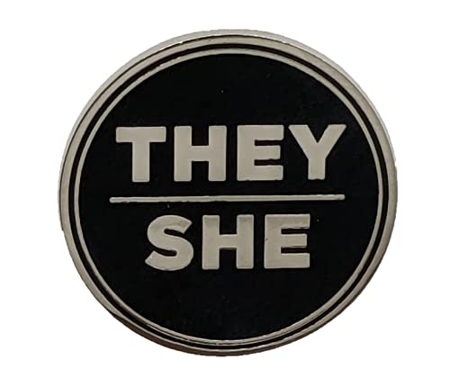 They She Black and Silver Circular Hard Enamel Pronoun Pin | Nonbinary Femme Pronoun Button Badge, 1.25 inches, Metal