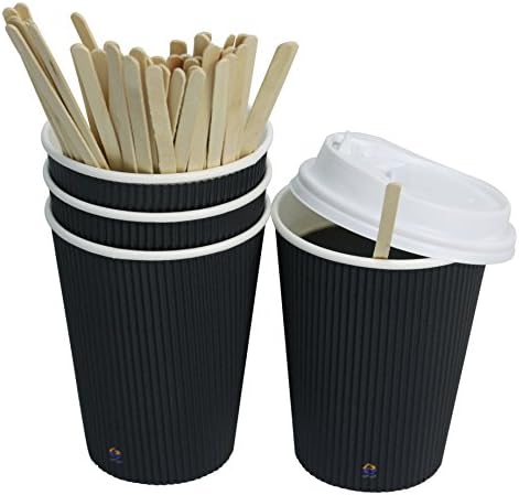 40 Count Eco Friendly Disposable Insulated Ripple Hot Paper Coffee Cups with White Cappuccino Lids and Wood Stirrers, Serve Hot/Cold Water, Tea, Hot Chocolate (12 Ounce, Black)