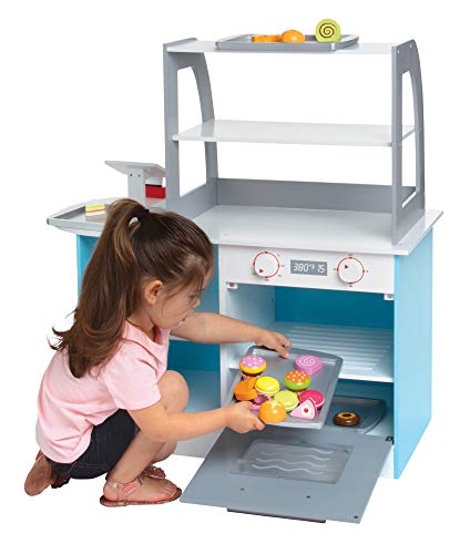 Wooden Bakery Playset Pretend Stand for Kids - 25 Piece Bake Shop Counter w Food, Chalkboard, Cash Register, Trays - Durable Construction for Creative Playtime - Thumbnail 3
