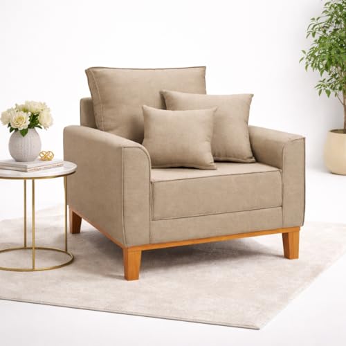 Poltrona Decorativa Beny Fixa Living Linho Para Sala Cadeira Recepção Escritório Base de Madeira (Bege)