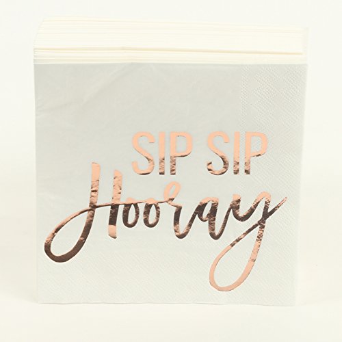 Andaz Press Rose Gold Foil Lunch Napkins, Sip Sip Hooray, 6.5-inch, 50-Pack, Metallic Tableware for Engagement Party, 65th Birthday, Wedding, Graduation, Bachelorette, Party Paper Napkins in Bulk