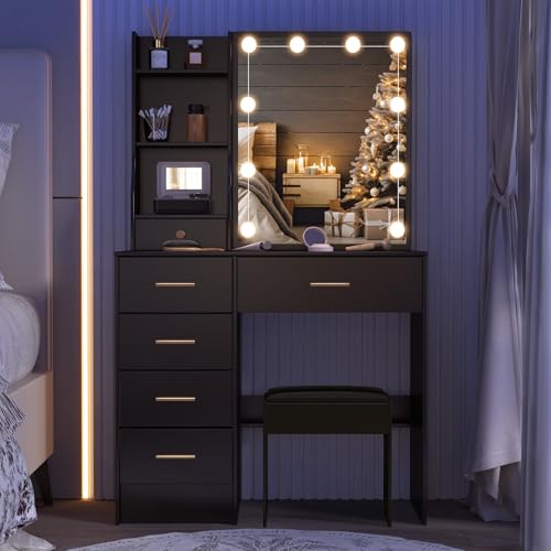 Saimeihome Dressing Table with LED Mirror, Modern Black Makeup Table with Stool, 6 Drawers and 6 Storage Shelves, 3 Lighting Modes, Bathroom Desk for Bedroom (80 x 36 x 130 cm)