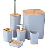 Yorkmills Bamboo Bathroom Accessories set, 6 Pieces Bathroom Accessory Set, Bathroom Bin And Toilet Brush Set, Durable Toothbrush Holder Cup, Soap Dispenser With Pump, Soap Dish Holder