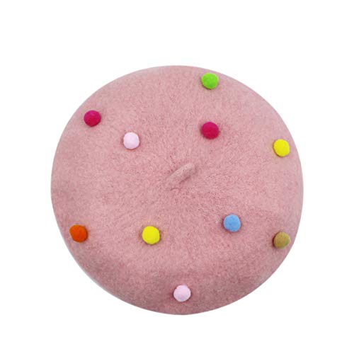 RARITYUS Fashion Cute Wool French Artist Beret Hat Warm Beanie Cap Headwear with Small Rainbow Pom Pom for Kids Girls