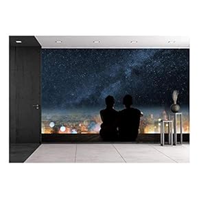 Silhouette of Young Asian Couple Sit on Wooden Ground Above The City Under Stars. - Removable Wall Mural | Self-Adhesive Large Wallpaper - 66x96 inches