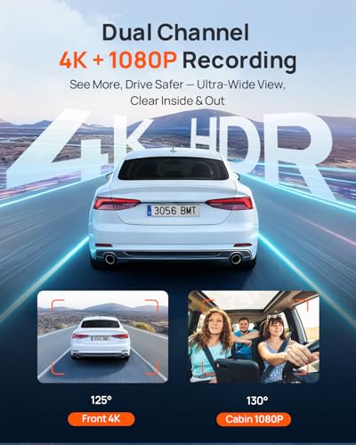 70mai 4K Dash Cam Front and Interior, 4K HDR Dash Camera with F1.55 Aperture, UHD Dashcam, Wi-Fi 6, 24H Parking Surveillance, GPS, Loop Recording, 64GB Card Included, for Cars/Taxi/Uber/Lyft
