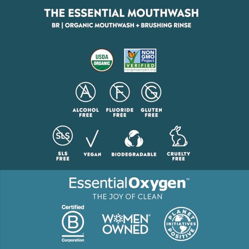 ESSENTIAL OXYGEN CERTIFIED BR ORGANIC BRUSHING RINSE, ALL NATURAL MOUTHWASH FOR WHITER TEETH, FRESHER BREATH, AND HAPPIER GUMS, ALCOHOL-FREE ORAL CARE, WINTERGREEN, 16 OUNCE