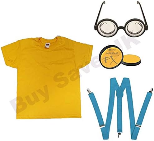 Childrens Yellow T Shirt, Yellow Face Paint, Blue Braces & Goggles Glasses Fancy Dress Costume (9-10 years)
