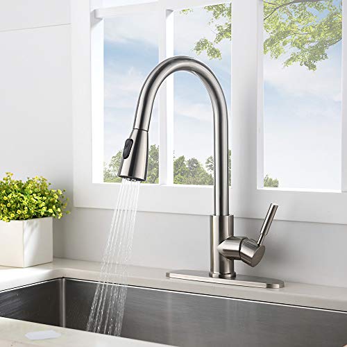 VESLA HOME Commercial High Arch Pull Down Sprayer Brushed Nickel Kitchen Sink Faucet, Swivel Single Lever Stainless Steel Kitchen Faucet With Deck Plate