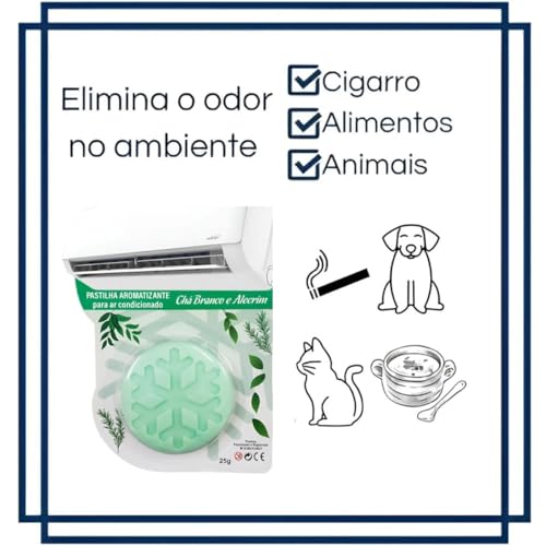 Pastilha Bactericida Aromatizante para Ar Condicionado Split – Chá Branco e Alecrim (25g) Higienizadora Ação neutralizadora de odores Aroma contínuo ELIMINA MAU CHEIRO