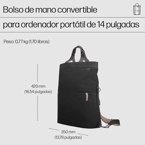 Mochila Bolsa Convertible en Bolso de Mano, Para PC hasta 14.1" en Diagonal, Bolsillo de Bloqueo RFID, Resistente al Agua, 18 L, Negro