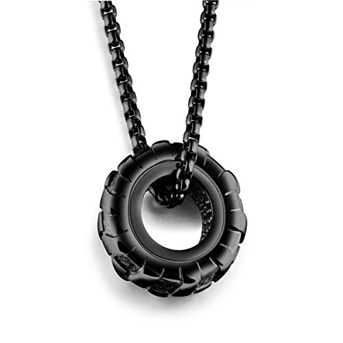 Men Fashion Titanium Steel Necklace Racer Car Tires Shaped Pendant with Square Pearl Chain,Black