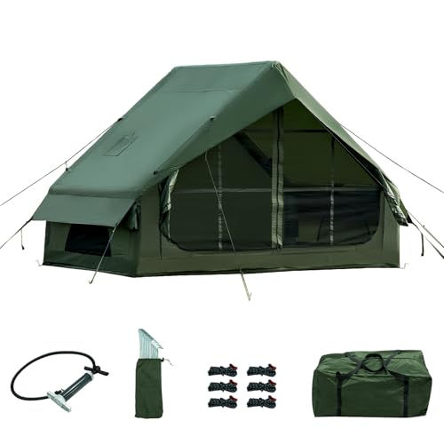 Aufblasbares Campingzelt Mit Handpumpe Einfacher Aufbau Wasserdicht Winddichtes Outdoor Aufblasbares Zelt 2-4 Personen Oxford Glamping Luftzelt Hüttenhaus (Grün /3-4 Pers (300 * 200 * 200Cm))
