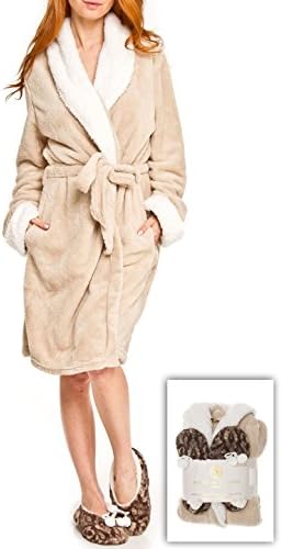 Adrienne Vittadini Women's Soft Plush Comfy Sherpa Lined House Bath Robe & Sherpa Printed Slippers Set,Robe-One Size/Slippers-L(9)/XL(11),Beige