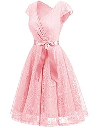 VESTIDOS Vestido de dama de honor con cuello en V y encaje floral, con cinturón