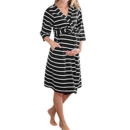 Crytech Women Striped Maternity Labor Delivery Robe 3/4 Long Sleeve Stripe Breastfeeding Nursing Nightgowns Gowns for Hospital Pregnancy Bathrobe Sleep Dress (Large, Black)
