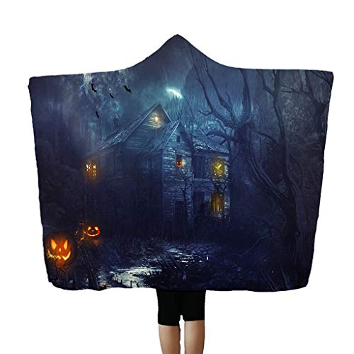 Alisy Halloween Hooded Blanket, Cloak Nap Wearing Air Conditioning Pumpkin Bat Blood Hand Black House Witch Pattern Wearable Throw Blankets for Adult Kids, 59"x 78.7"