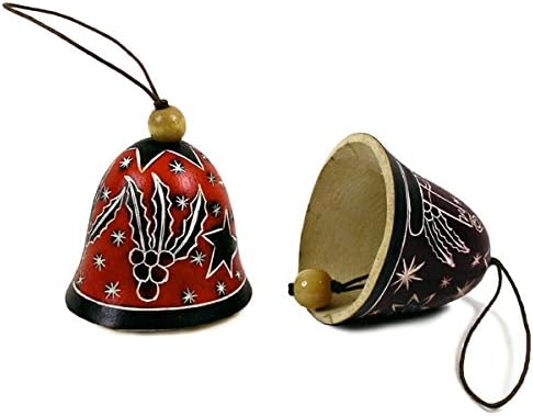 Christmas Bell Gourd Carved Ornaments Set of Two 3" Assorted Colors Peru