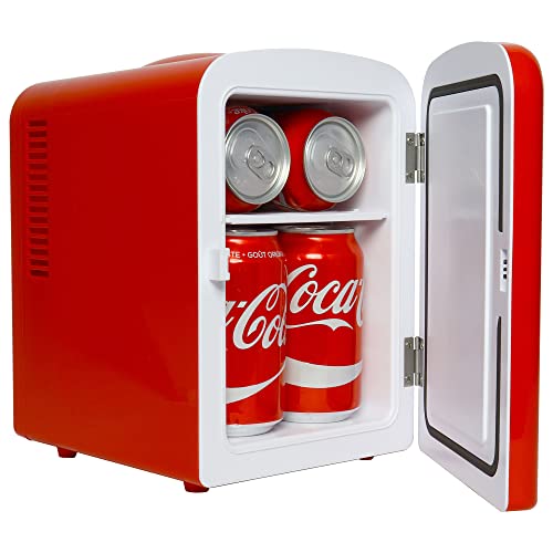 Coca Cola Classic Mini Fridge - Refrigerator for Bedroom Skincare Office, Portable Table Top Beverage Cooler, 12V DC/220V AC Refrigerador For Drinks, Soda, Wine, Use In Car, Dorm, Patio, 6 Can