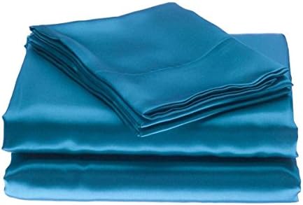 Bedify Bedding 100% Pure Silk Satin Sheet Set 4pcs, Silk Fitted Sheet 15'' Deep Pocket,Silk Flat Sheet & Pillowcases Set !!! Queen, Turquoise Blue