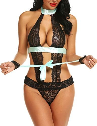 Honney Women Lace Lingerie High Waisted Babydoll Sheer Strappy Bodysuit Teddy