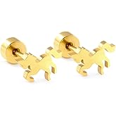 18G Cute Horse Flat Screw Back Small Stud Earrings for Women Men Stainless Steel 18k Gold Plated Minimalist Animal Cartilage Tragus Piercing Tiny Studs Hypoallergenic Fashion Jewelry for Her