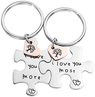 316L Stainless Steel 'I love you more I love you most' Puzzle Couples Keychains Set | His and Hers Matching Key Rings with Tree of LIfe Charm