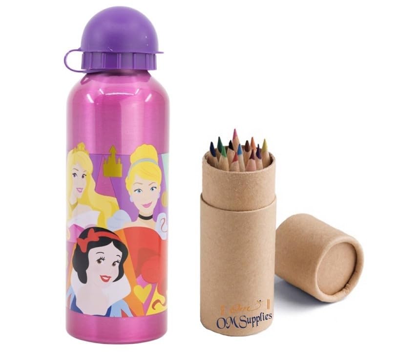OM SUPPLIES Princess Characters Aluminium Sports Bottle 530ml - Holiday, Back to School Water Drinking Kids Lunch Children Includes Half Size 12pcs (Princess)