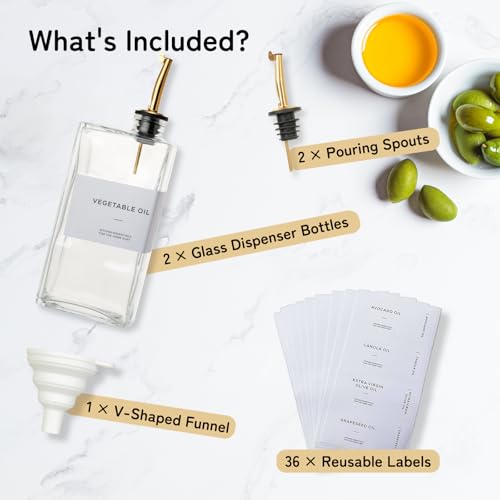 VINATO 2 Pieces 500 ml Glass Oil Bottle, with Funnel*1, Labels*36, Oil and Vinegar Bottle Oil Refillable for Kitchen and Bar