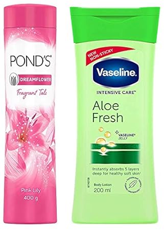 POND'S Dreamflower Fragrant Talcum Powder, Pink Lily, 400 g & Vaseline Intensive Care Aloe Fresh Body Lotion, 200 ml