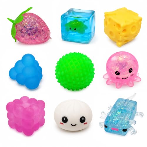 9 Pack Squishy Squeeze Toys, Random Color Soft Fidget Toys for Stress Relief, Cute Animal Fruit Food Shapes, Mini Desk Sensory Fidget Set for Adults and Teens