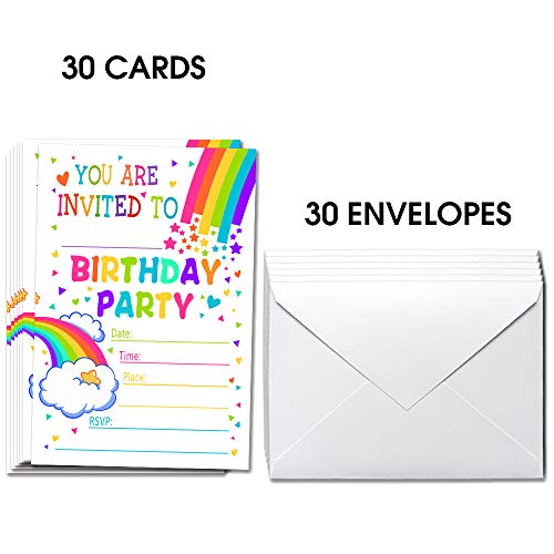 Rainbow Happy Birthday Party Invitations with Envelopes - Colorful Invitation for Kids Party - 30 Cards With Envelopes